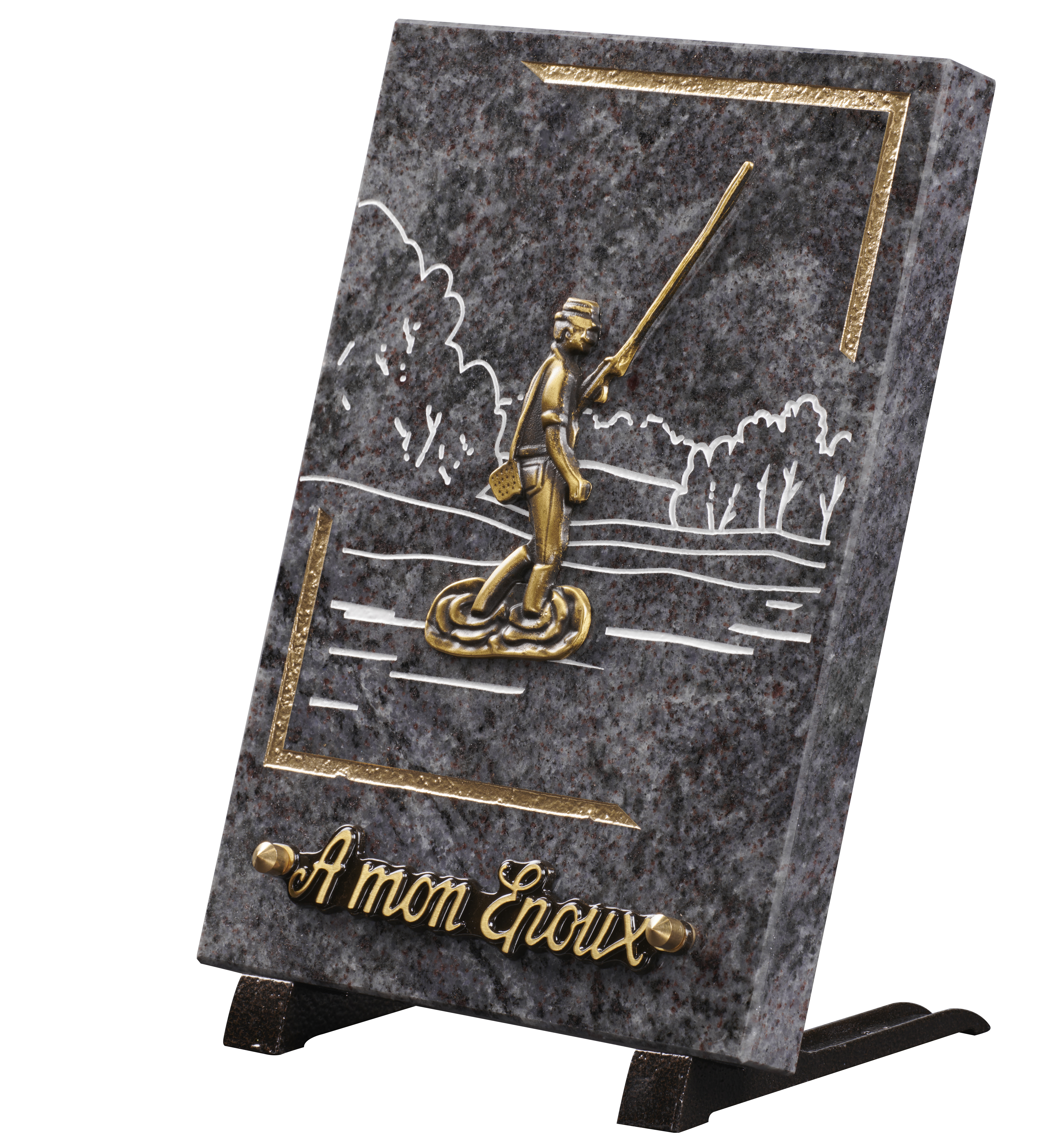 Image de plaque Plaque granit 18x25cm - Gravure Paysage - Bronze Pêcheur
