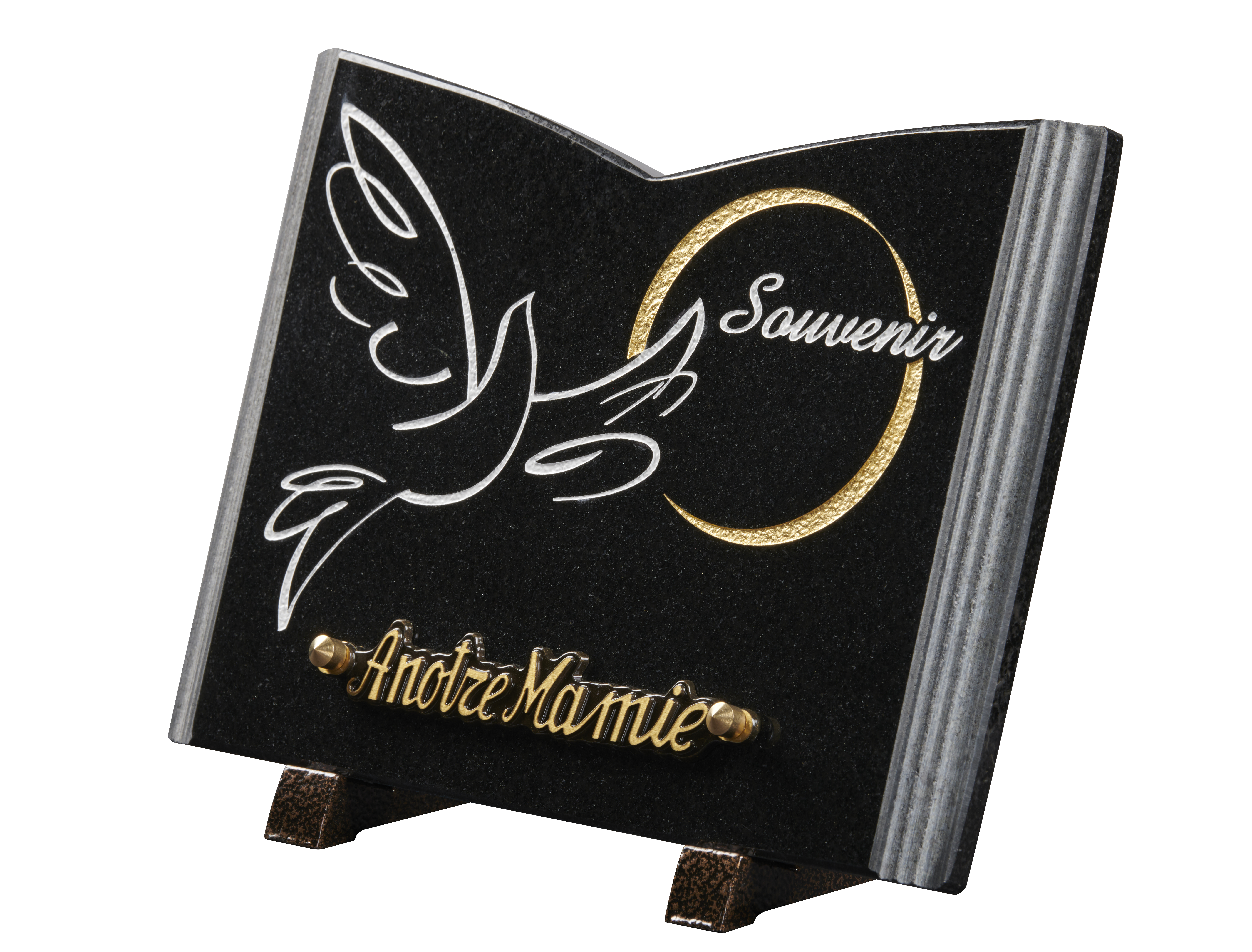 Image de plaque Plaque granit livre 18x25cm - Gravure colombe - OR - texte Souvenir