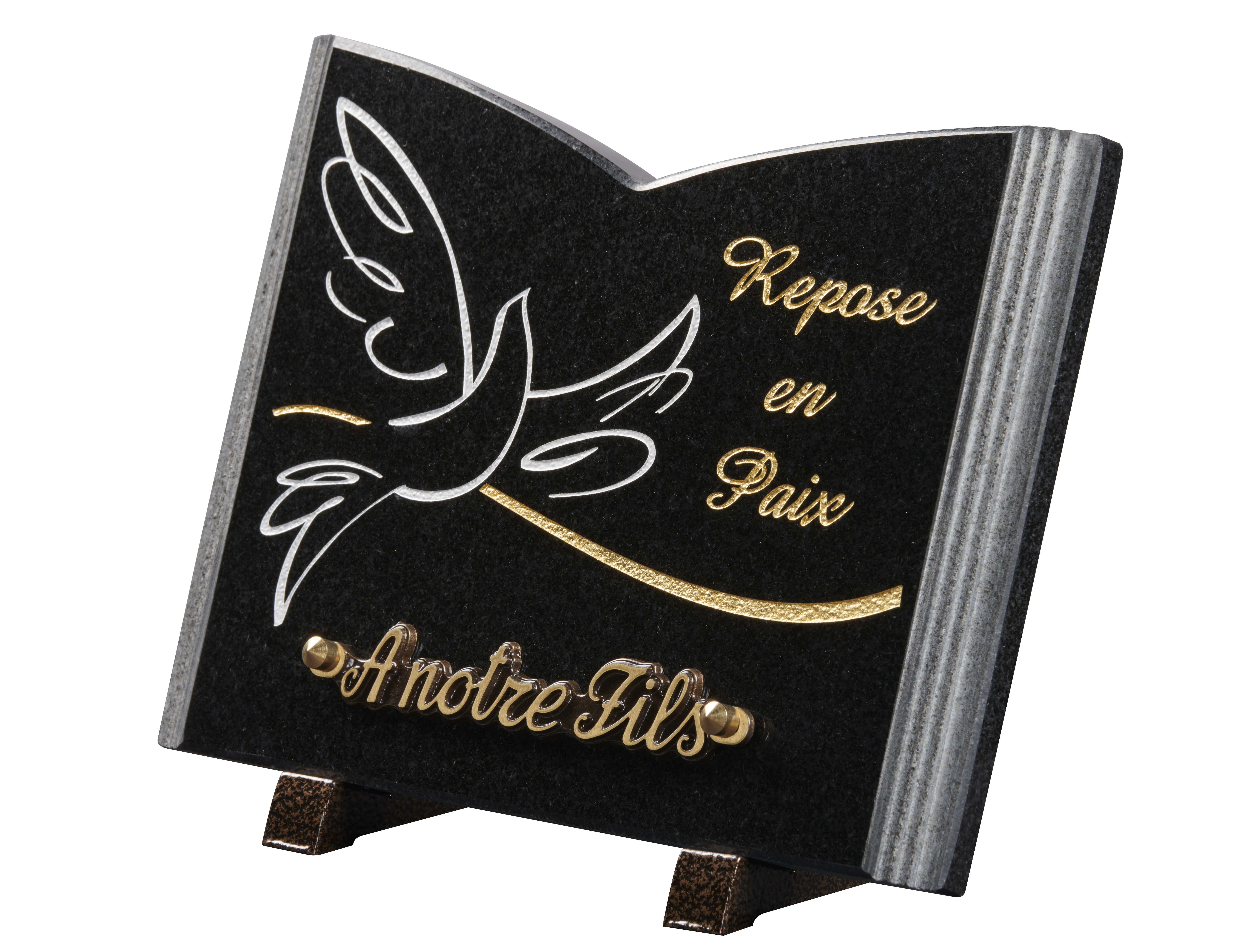 Image de plaque Plaque granit livre 18x25cm - Gravure colombe - OR - texte Repose