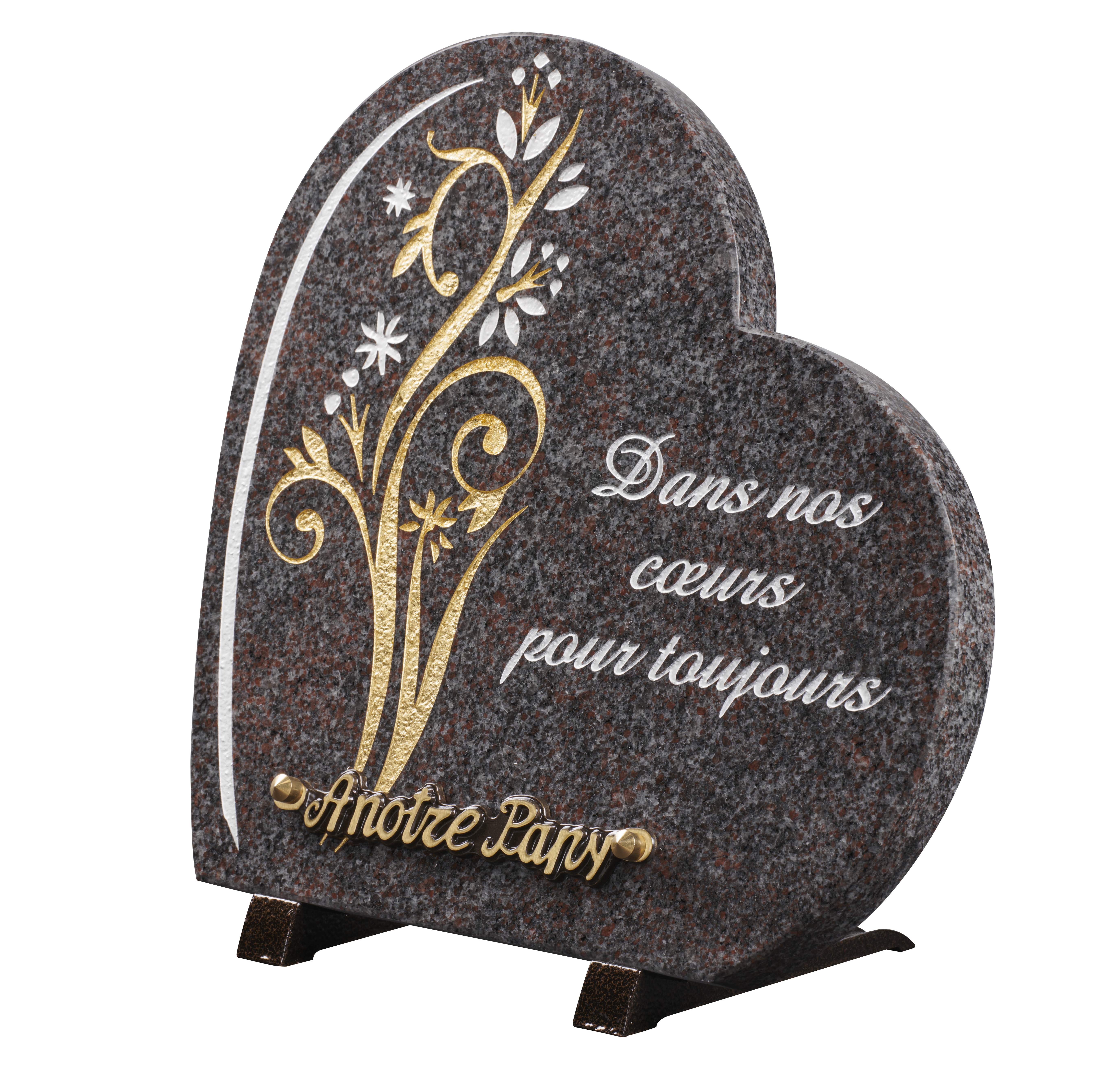 Image de plaque plaque granit coeur 27x28cm - Gravure fleurs OR-texte Dans nos cœurs