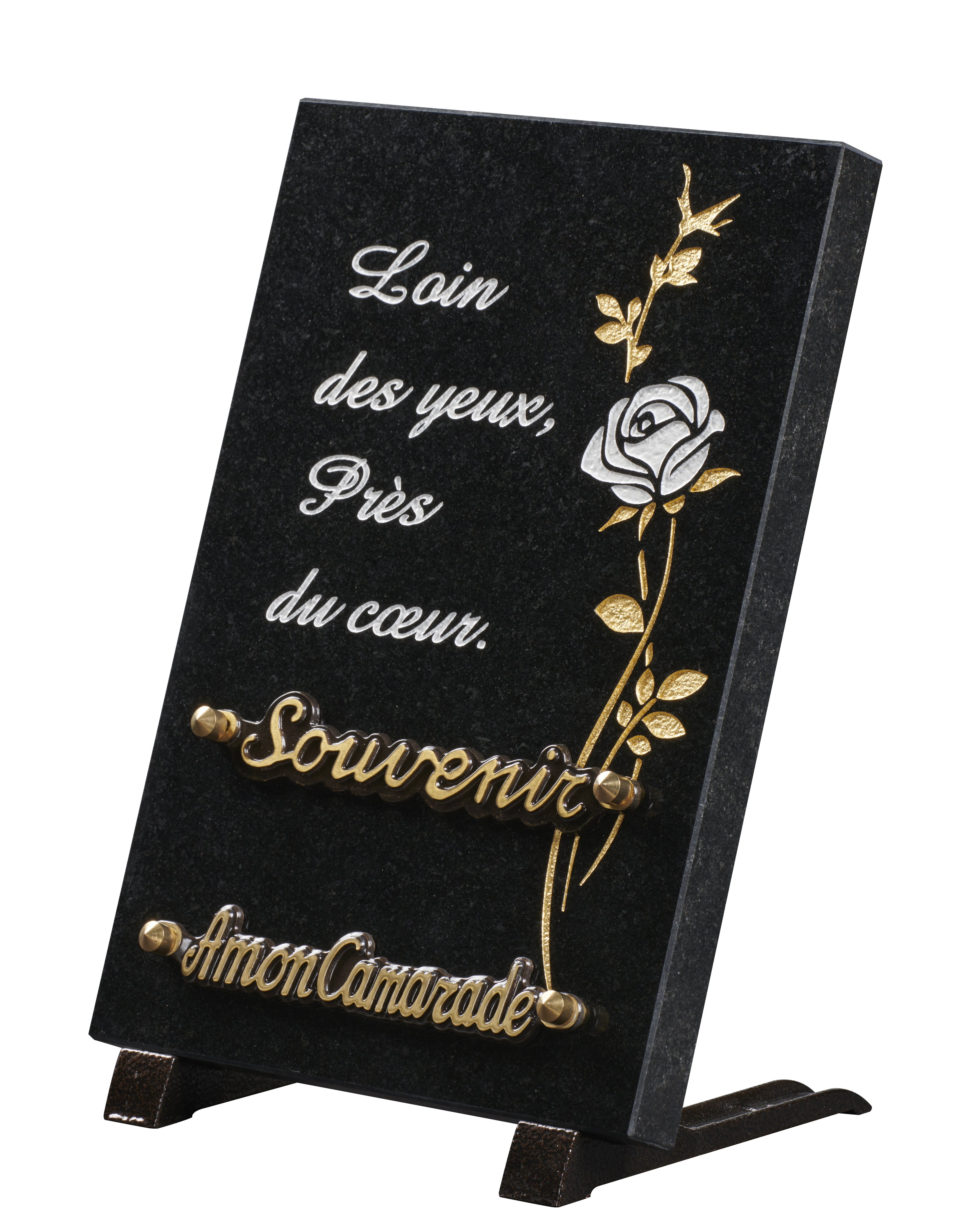 Image de plaque Plaque granit 20x30cm - Gravure rose blanc et OR -texte loin des yeux