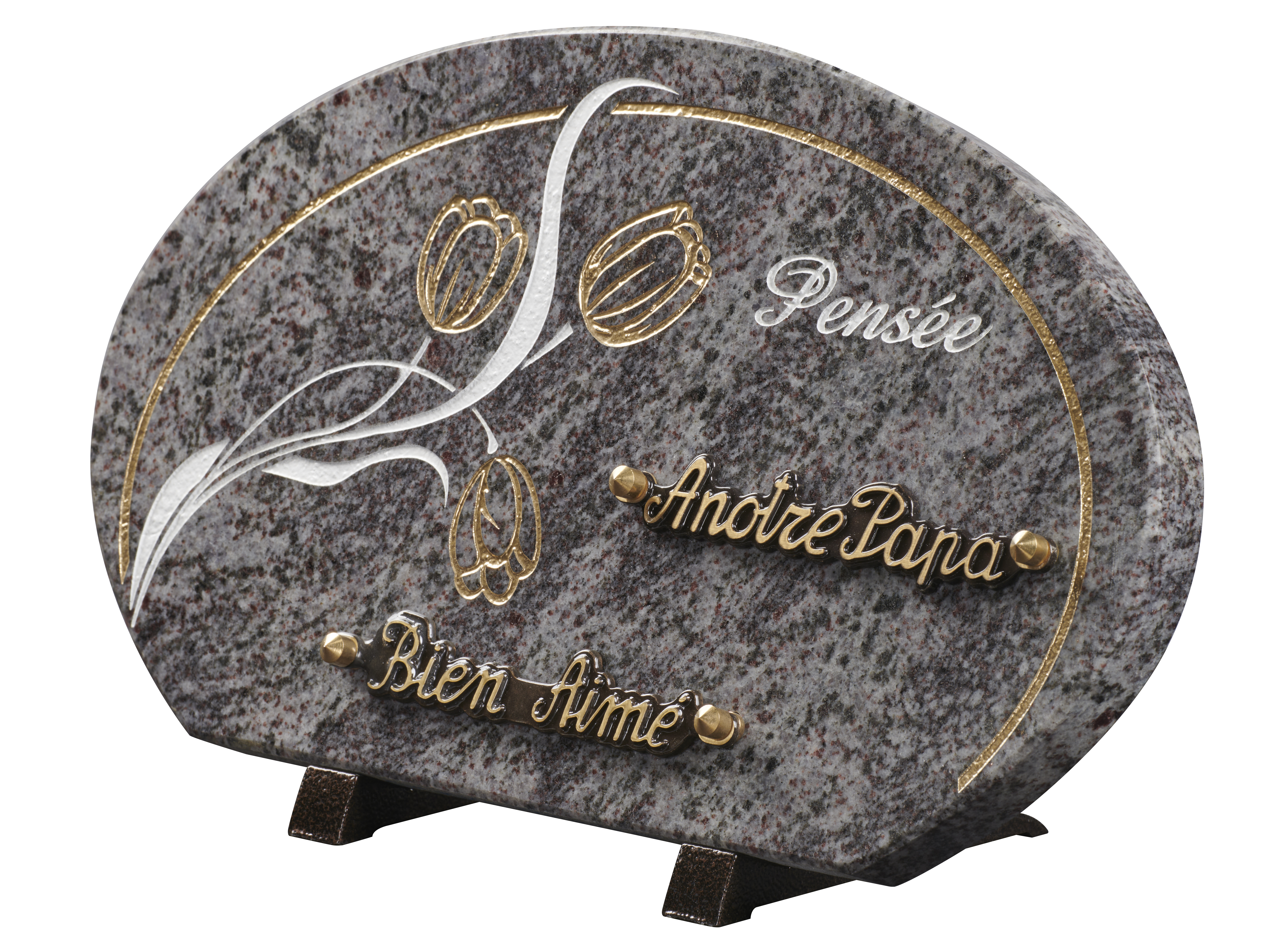 Image de plaque Plaque granit forme galet 20x35cm - Gravure tulipes-texte Pensée