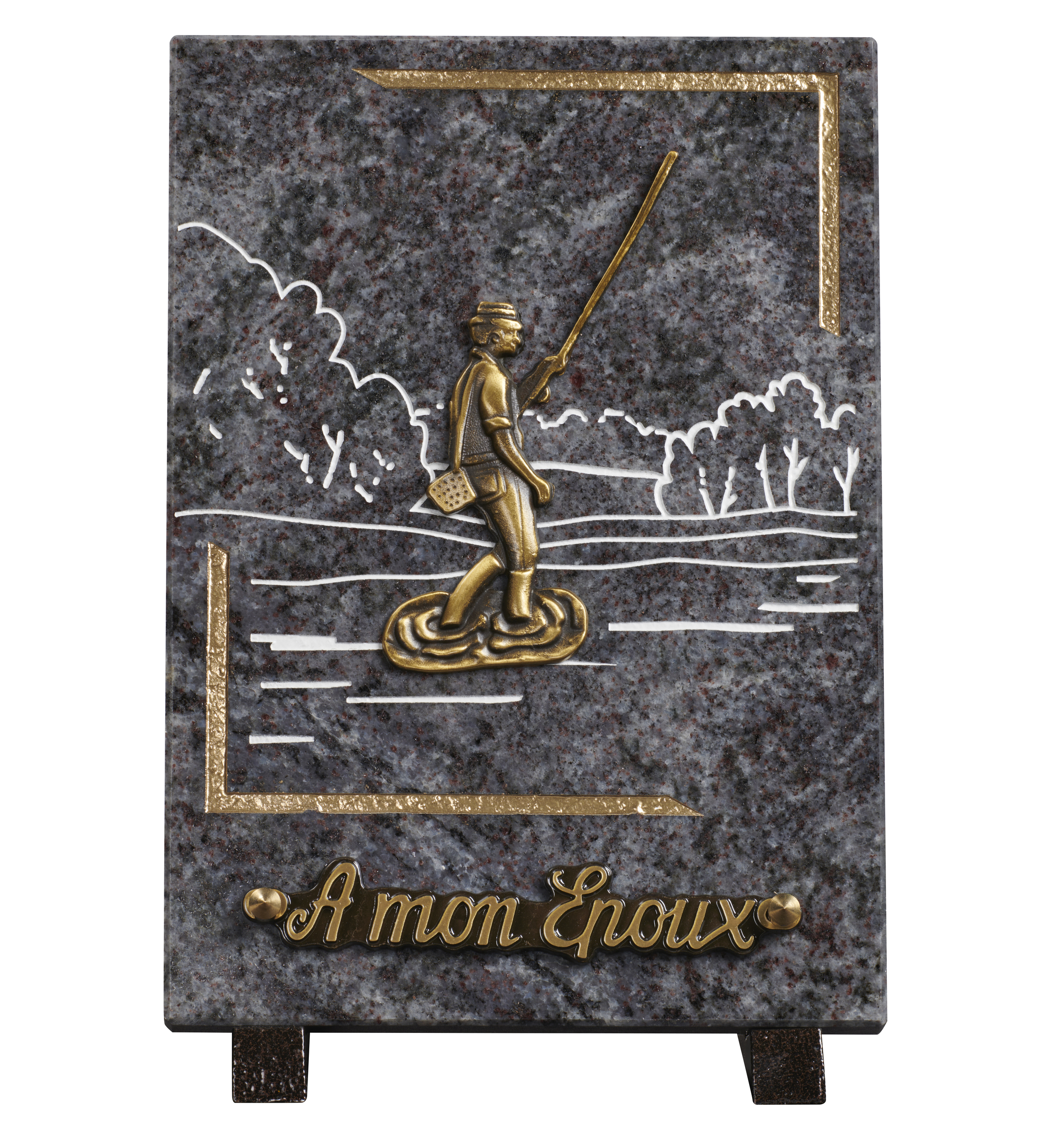 Image de plaque Plaque granit 18x25cm - Gravure Paysage - Bronze Pêcheur