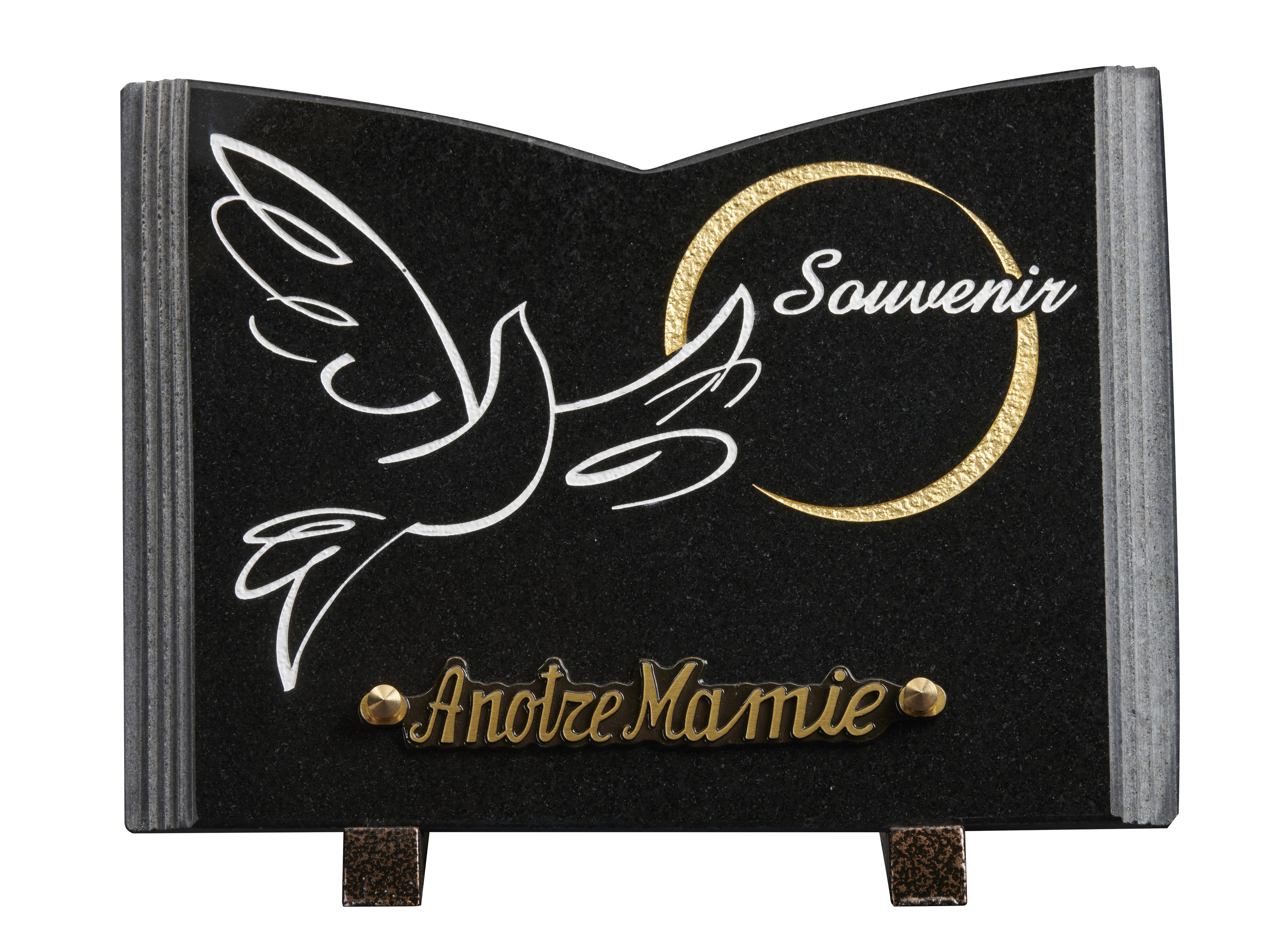 Image de plaque Plaque granit livre 18x25cm - Gravure colombe - OR - texte Souvenir