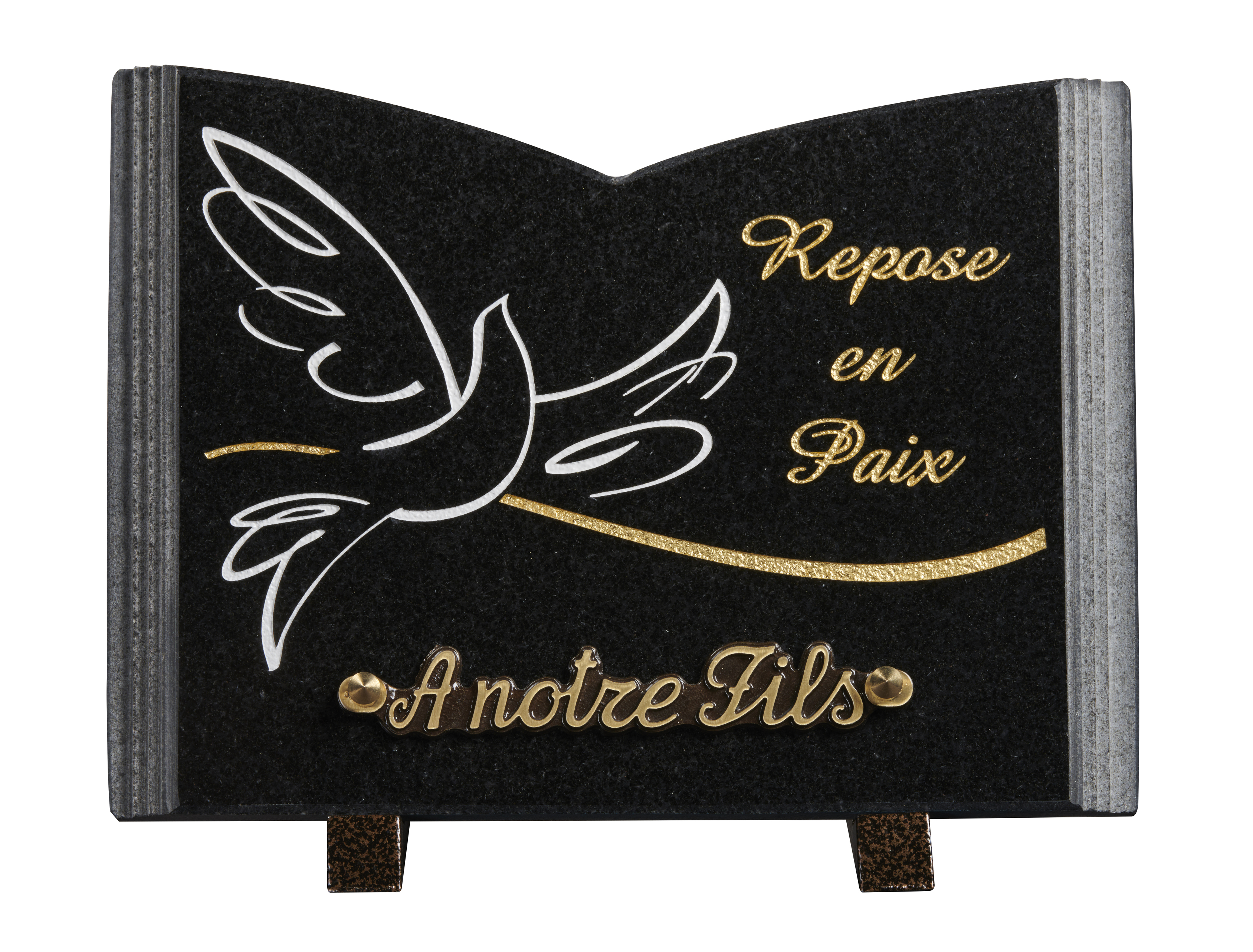Image de plaque Plaque granit livre 18x25cm - Gravure colombe - OR - texte Repose