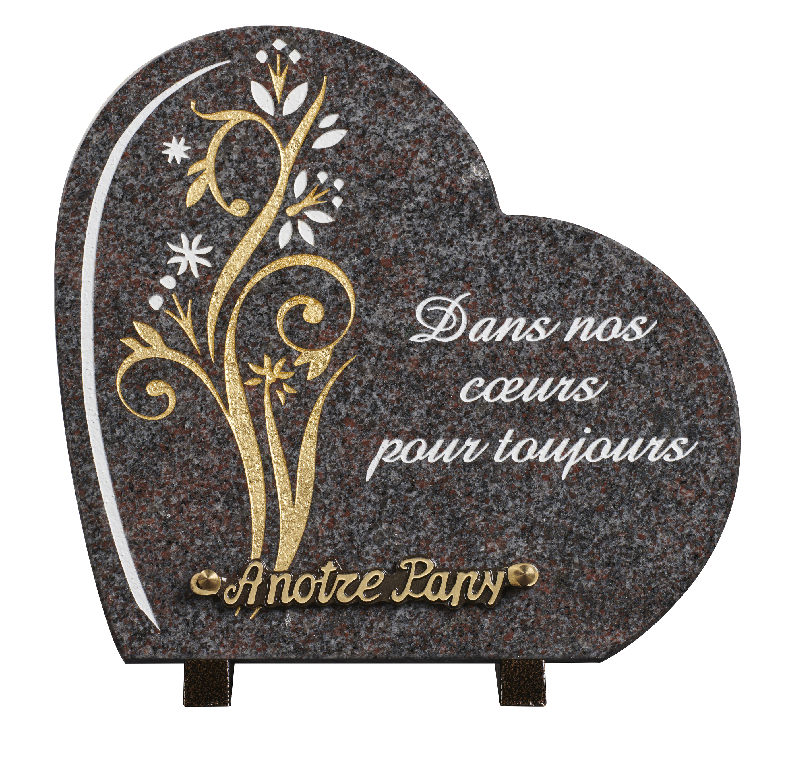 Image de plaque plaque granit coeur 27x28cm - Gravure fleurs OR-texte Dans nos cœurs
