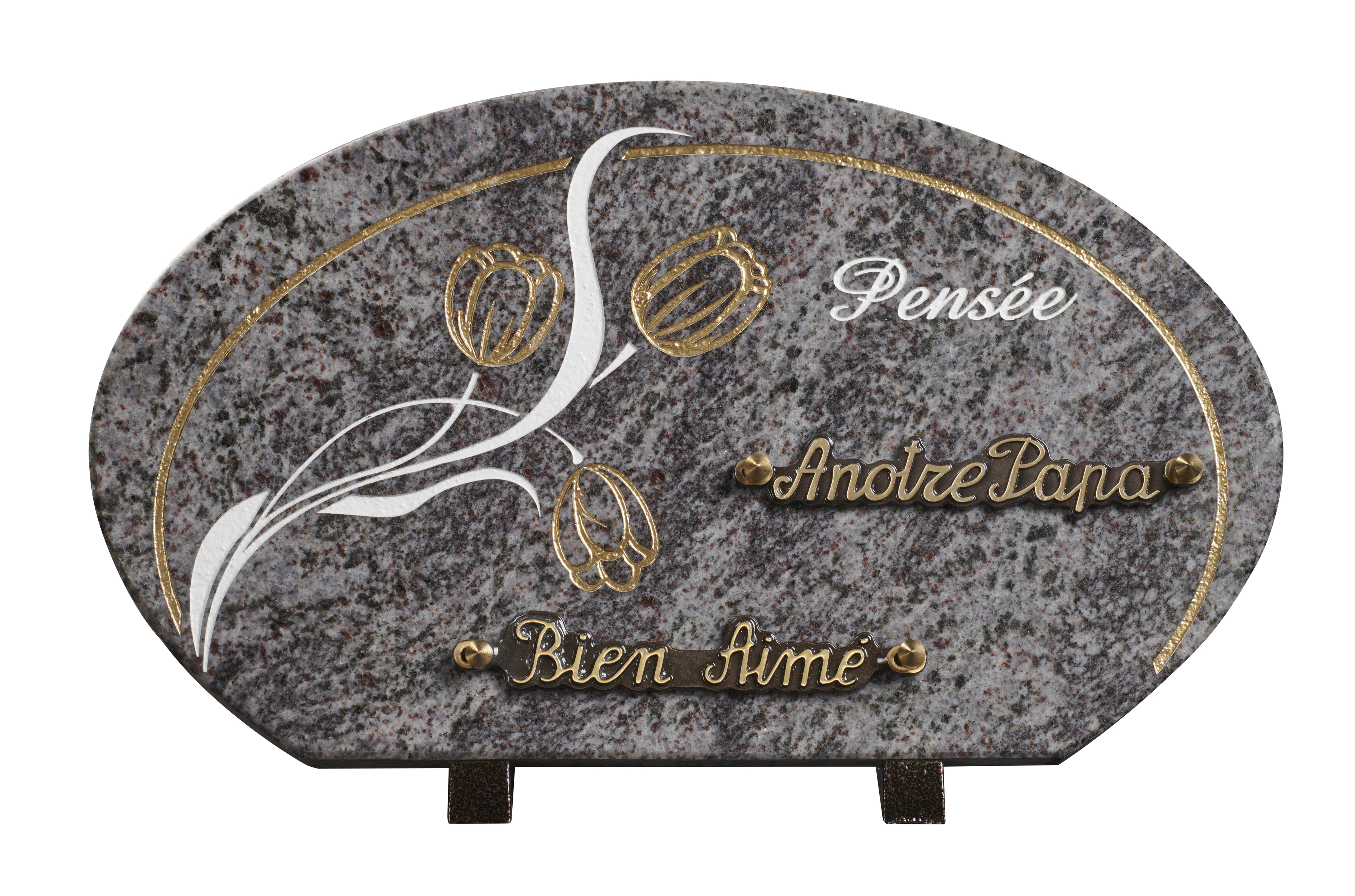 Image de plaque Plaque granit forme galet 20x35cm - Gravure tulipes-texte Pensée
